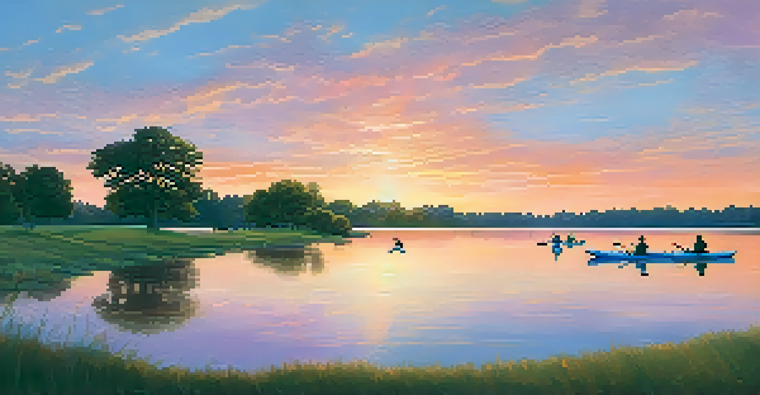 A sunset view over White Rock Lake with families biking, walking, and picnicking, while kayakers enjoy the water.