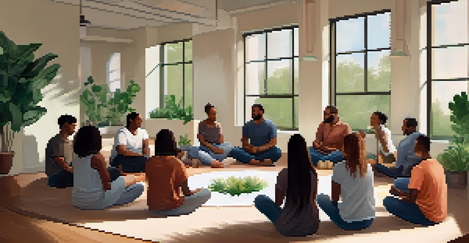 A supportive mental health workshop with a small group of individuals sitting in a circle, discussing in a cozy room filled with plants and soft lighting.