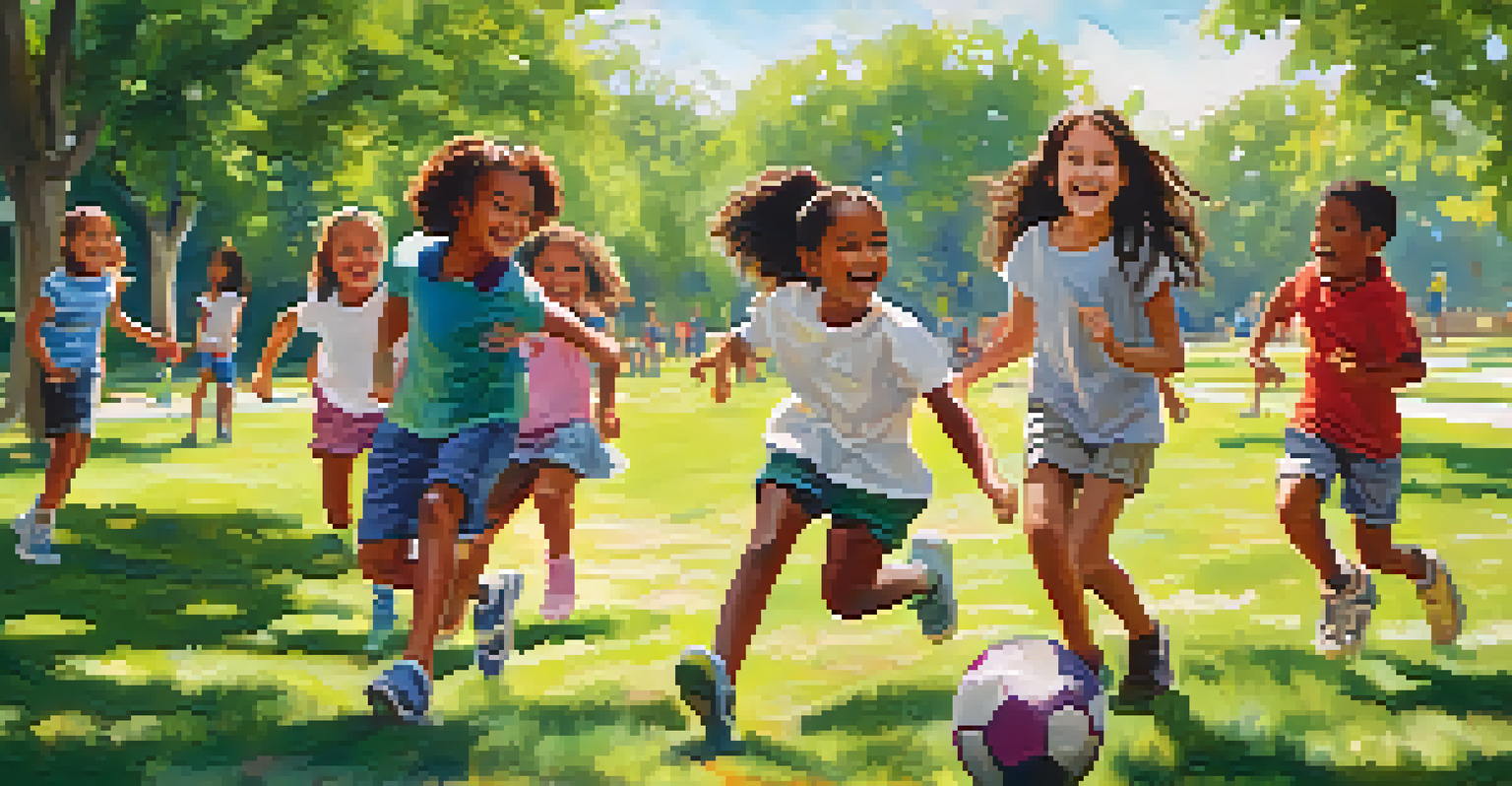 Children playing in a park during an after-school program, with trees and flowers around them.