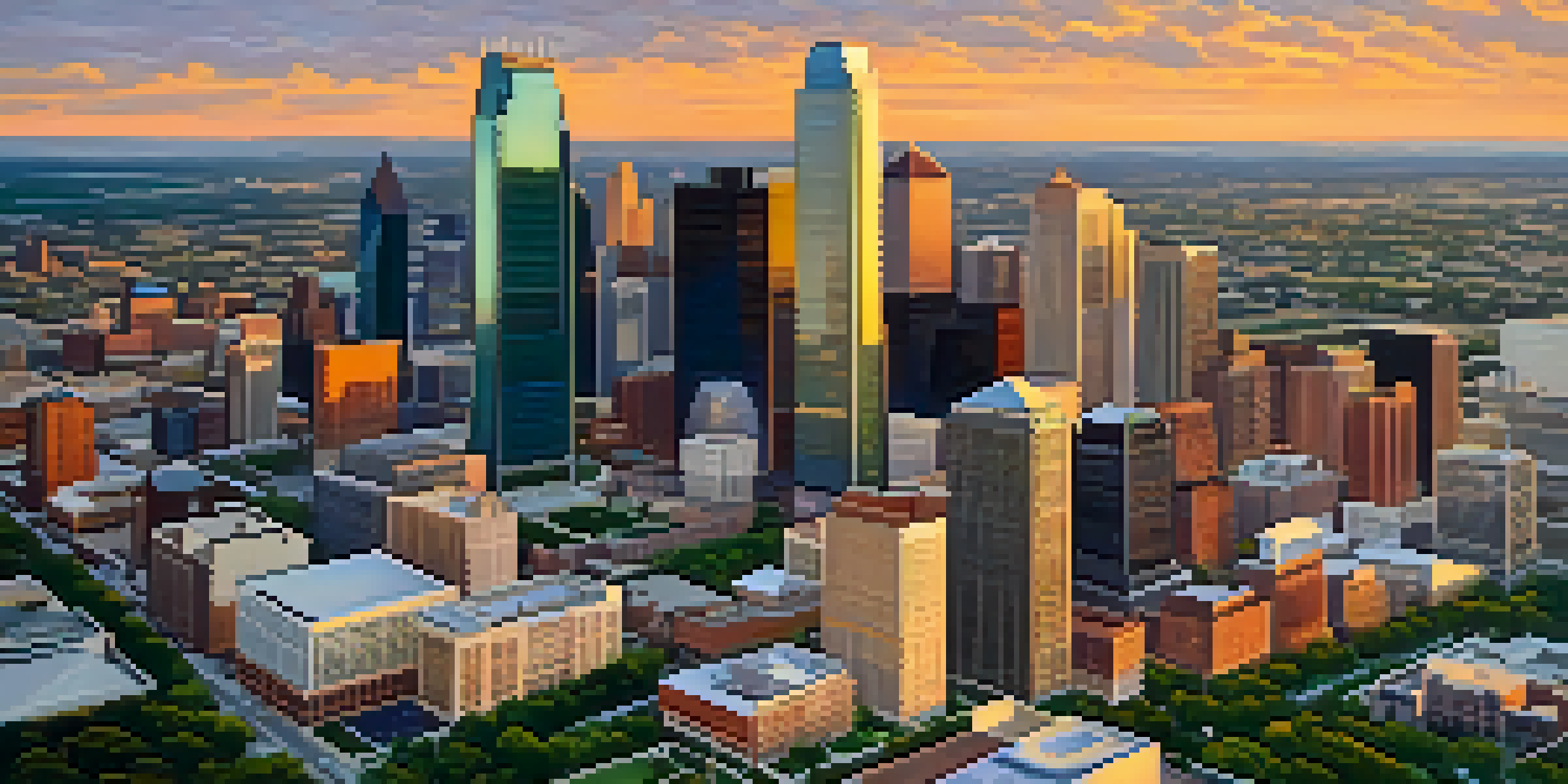 Aerial view of Dallas skyline during sunset with modern skyscrapers, green parks, and busy streets.