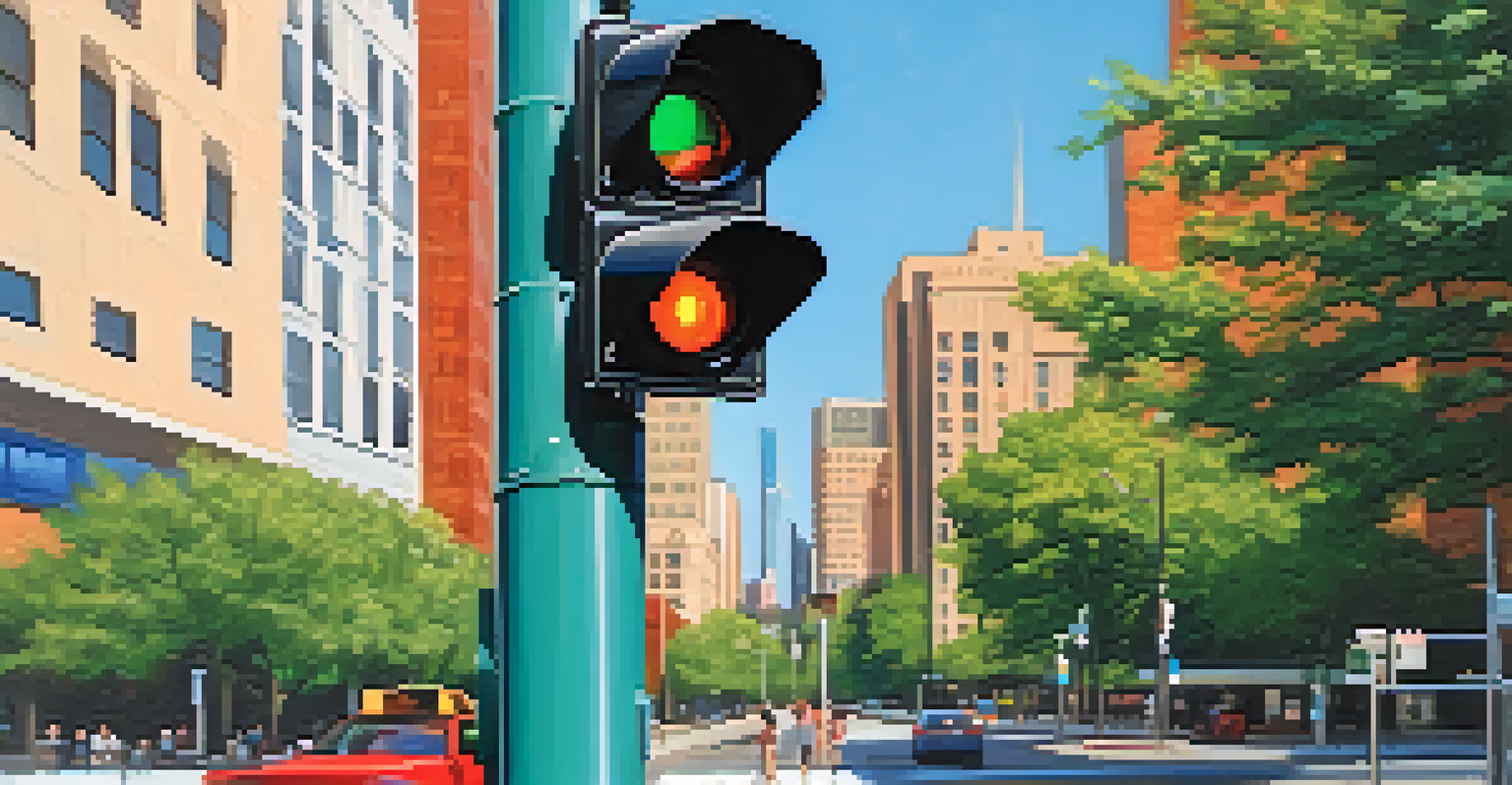 A smart traffic sensor on a traffic light in Dallas with a clear blue sky and urban scenery.