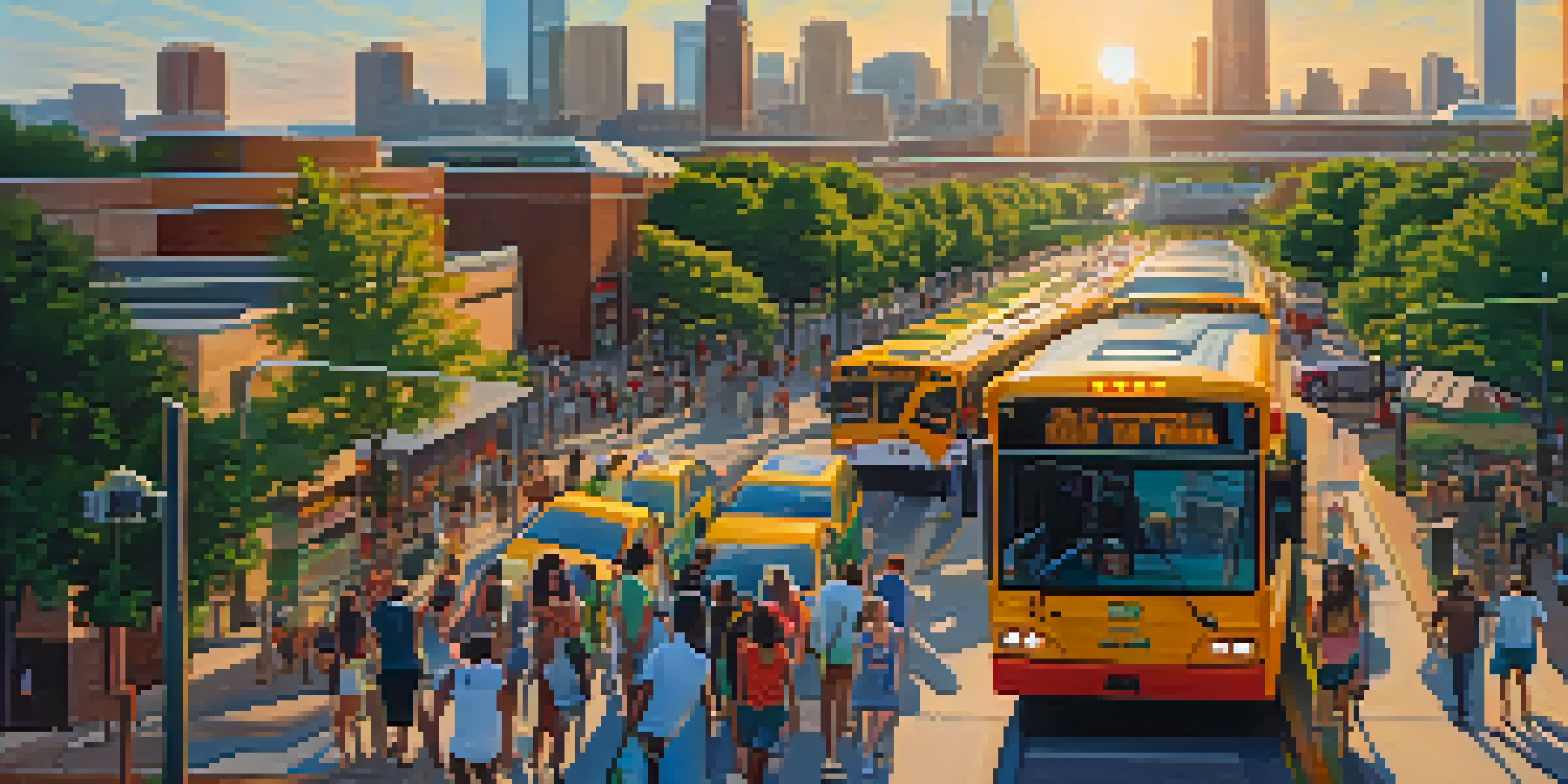 A busy cityscape in Dallas with electric buses and light rail, under warm sunset lighting, and pedestrians walking among greenery.