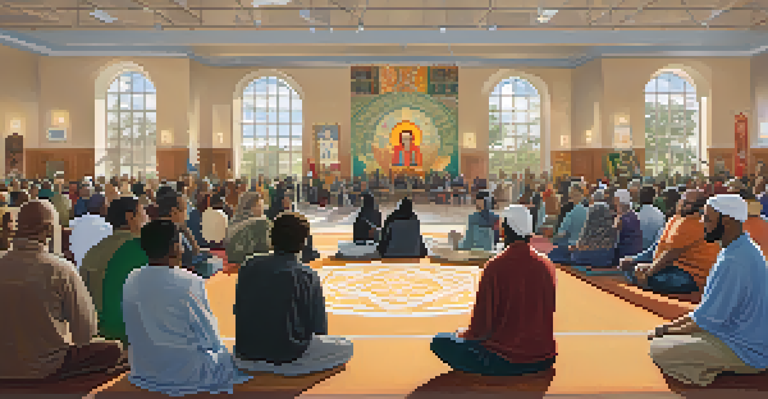 A diverse group of people engaged in an interfaith dialogue in a warmly lit community center in Dallas.
