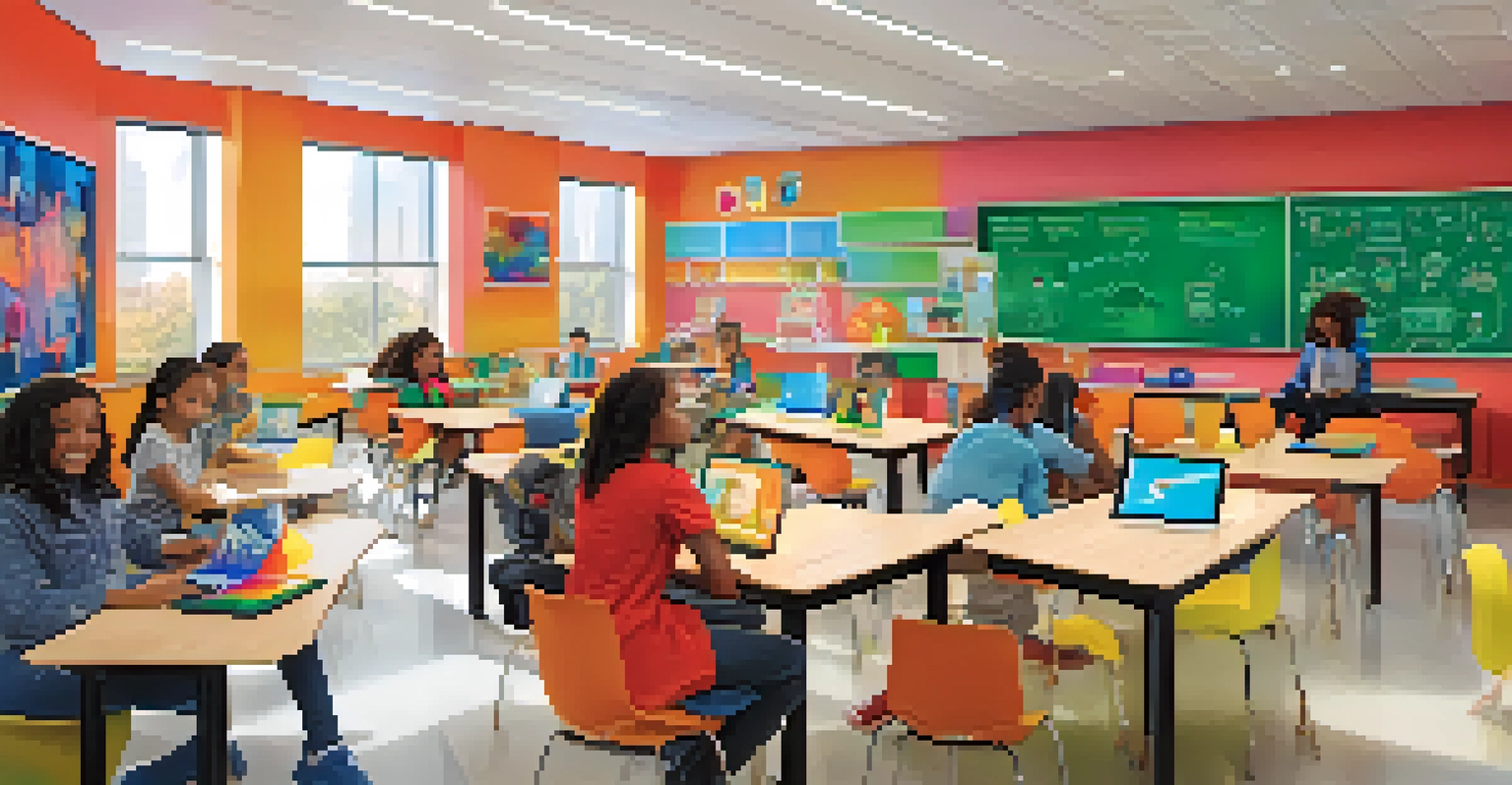 A modern classroom filled with technology and flexible seating arrangements, showcasing students engaged in innovative learning.