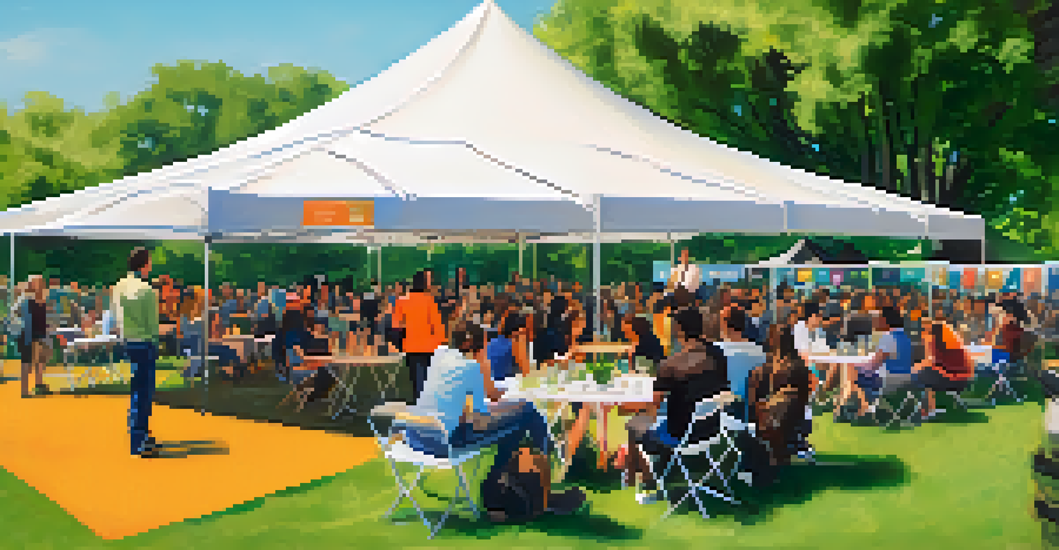 A lively outdoor networking event at a university in Dallas with students and alumni interacting, surrounded by greenery and startup banners.