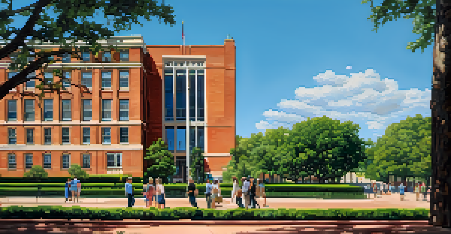 A scenic view of the Sixth Floor Museum at Dealey Plaza with visitors exploring the area and surrounded by greenery.