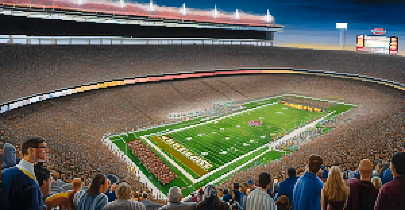 Fans reflecting on memories at the Cotton Bowl stadium during its farewell event, with banners and photographs.