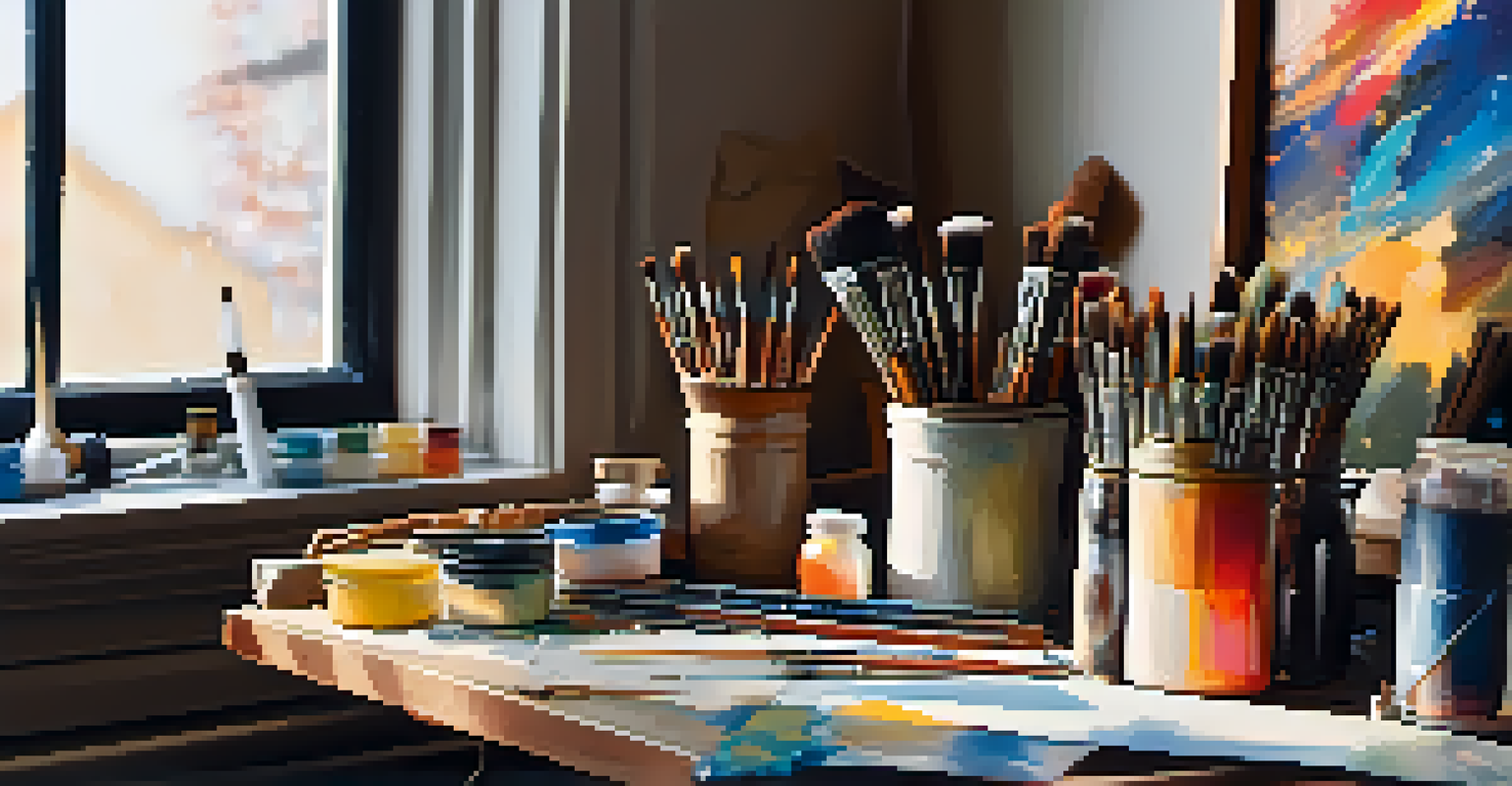 An artist's workspace with paintbrushes, paint tubes, and a half-finished abstract canvas illuminated by warm light.