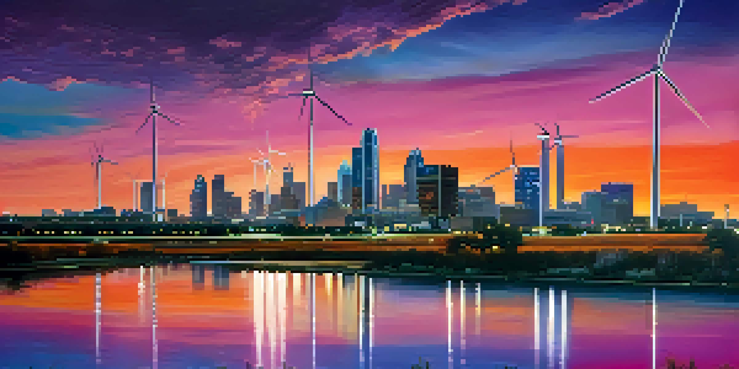 A panoramic view of the Dallas skyline at sunset with white wind turbines in the foreground against a colorful sky.