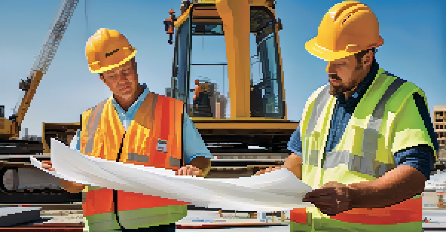 Construction workers in Dallas discussing blueprints on a public infrastructure project, with cranes and buildings in the background.