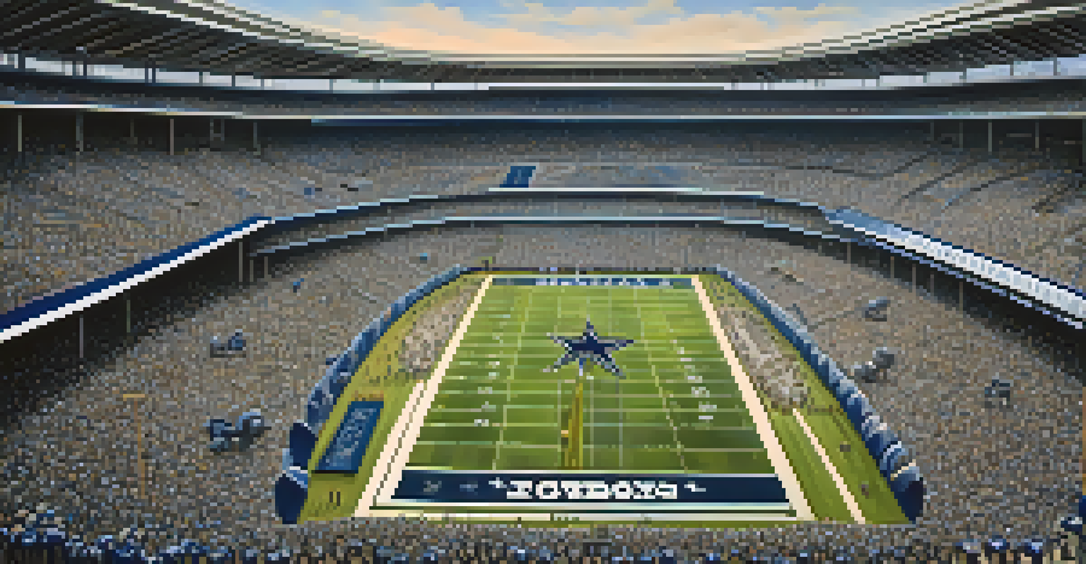 A vibrant collage illustrating the cultural impact of the Dallas Cowboys, featuring their colors, star logo, cheerleaders, and enthusiastic fans.