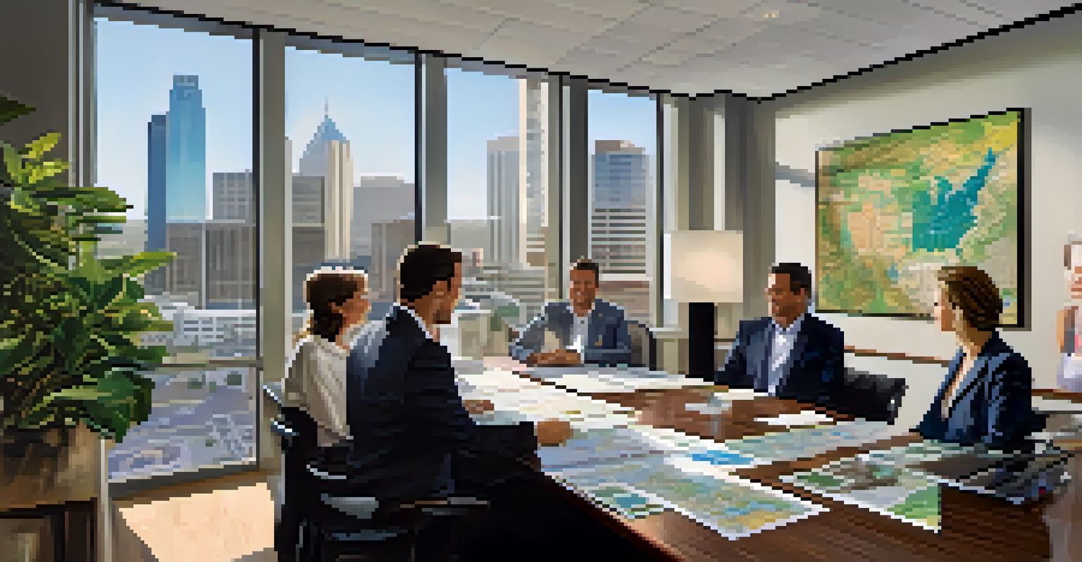 Real estate agents discussing property deals in a bright office filled with maps and images.