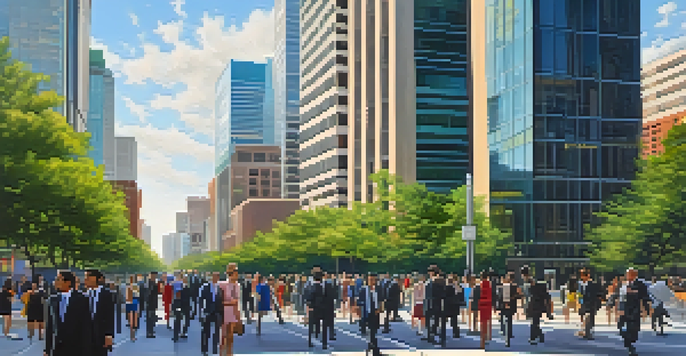A lively street in Dallas with diverse professionals in business attire walking to work, surrounded by tall office buildings and greenery.