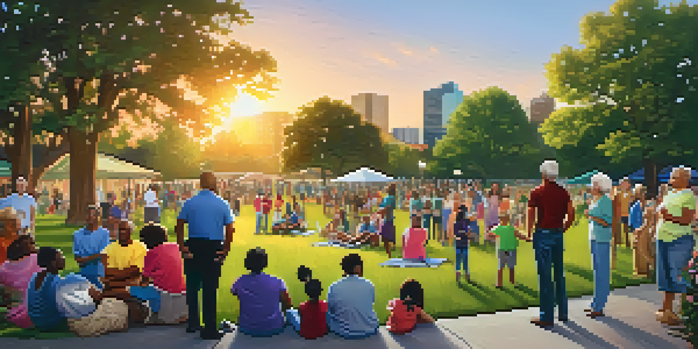 A diverse group of residents in a Dallas park discussing safety strategies during a Neighborhood Watch meeting with children playing nearby.