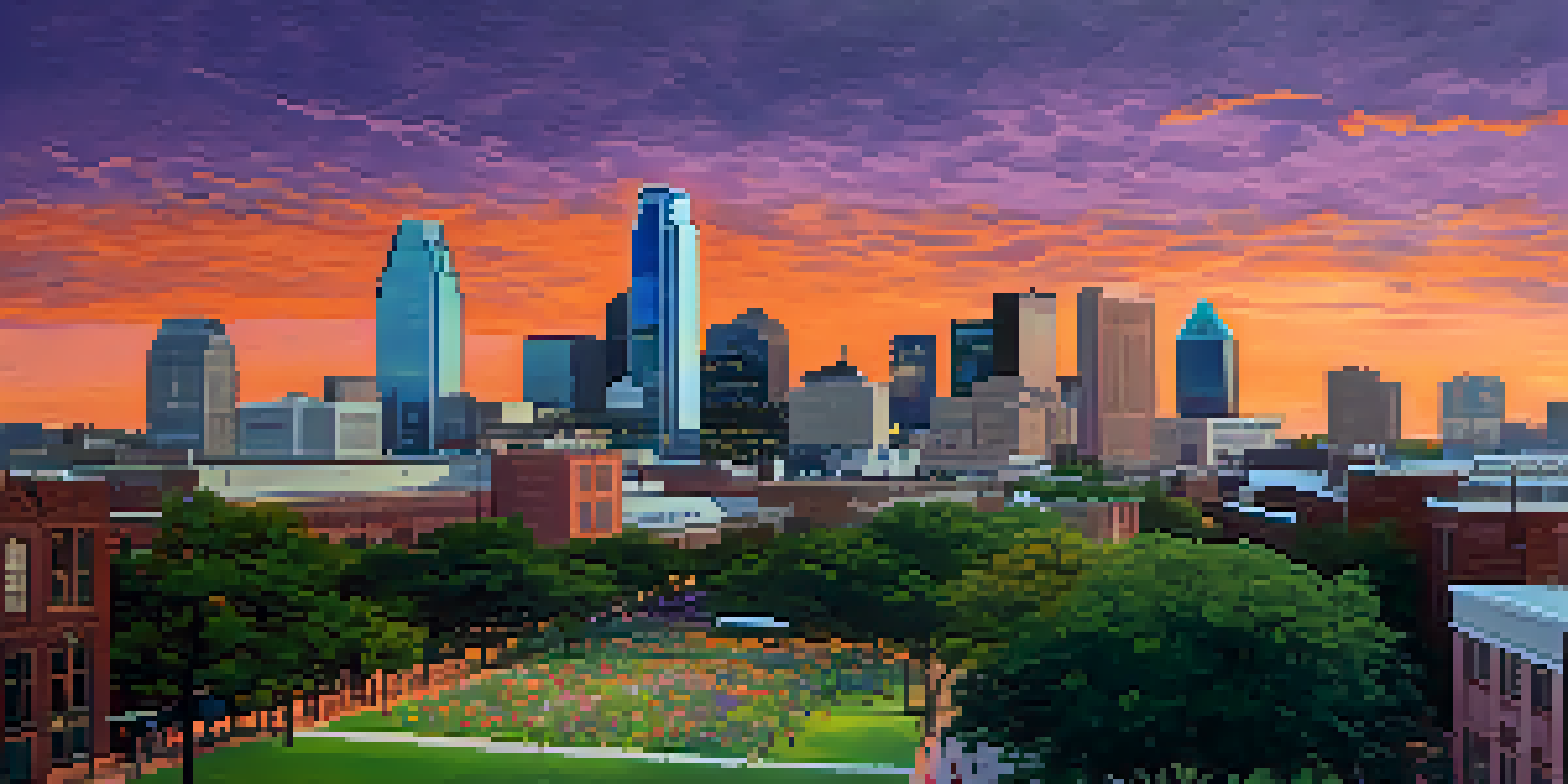 A colorful sunset over a cityscape of Dallas featuring modern and historic buildings, with a lively park in the foreground filled with people.