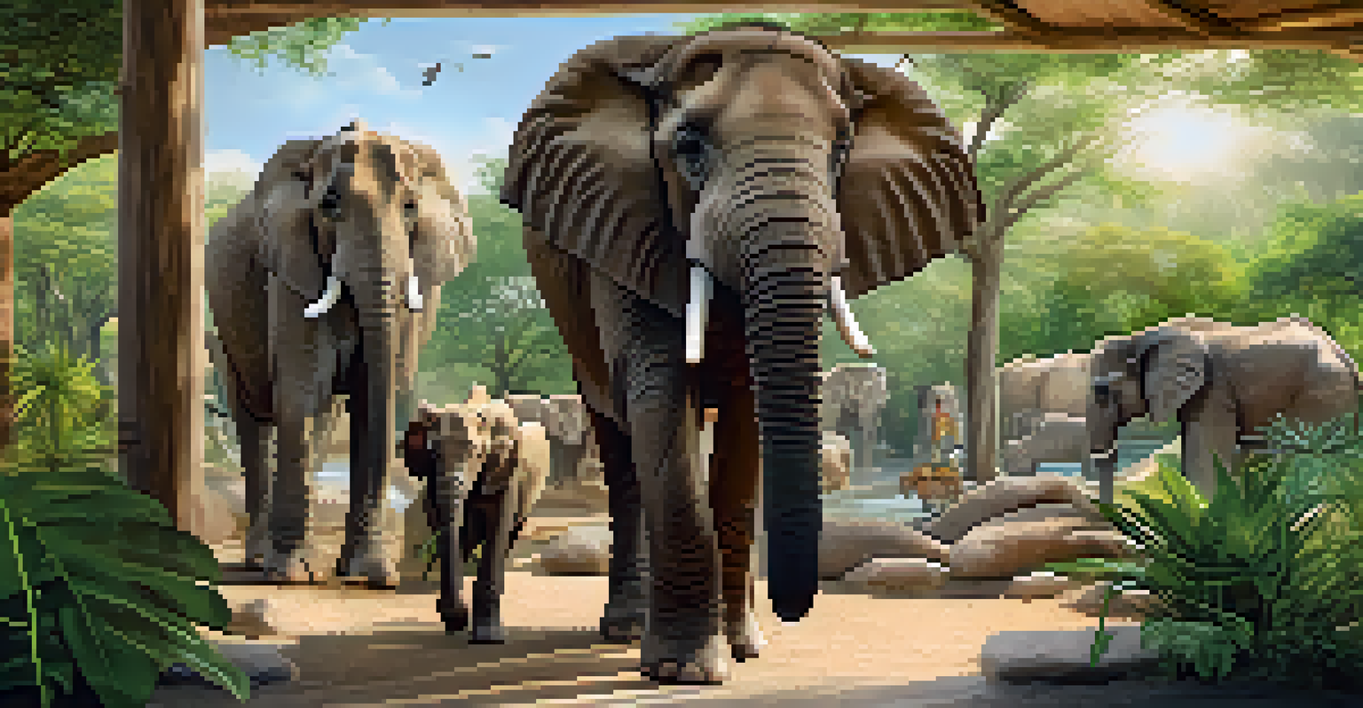 Families at the Dallas Zoo watching elephants, lions, and zebras in their habitat with children feeding giraffes.