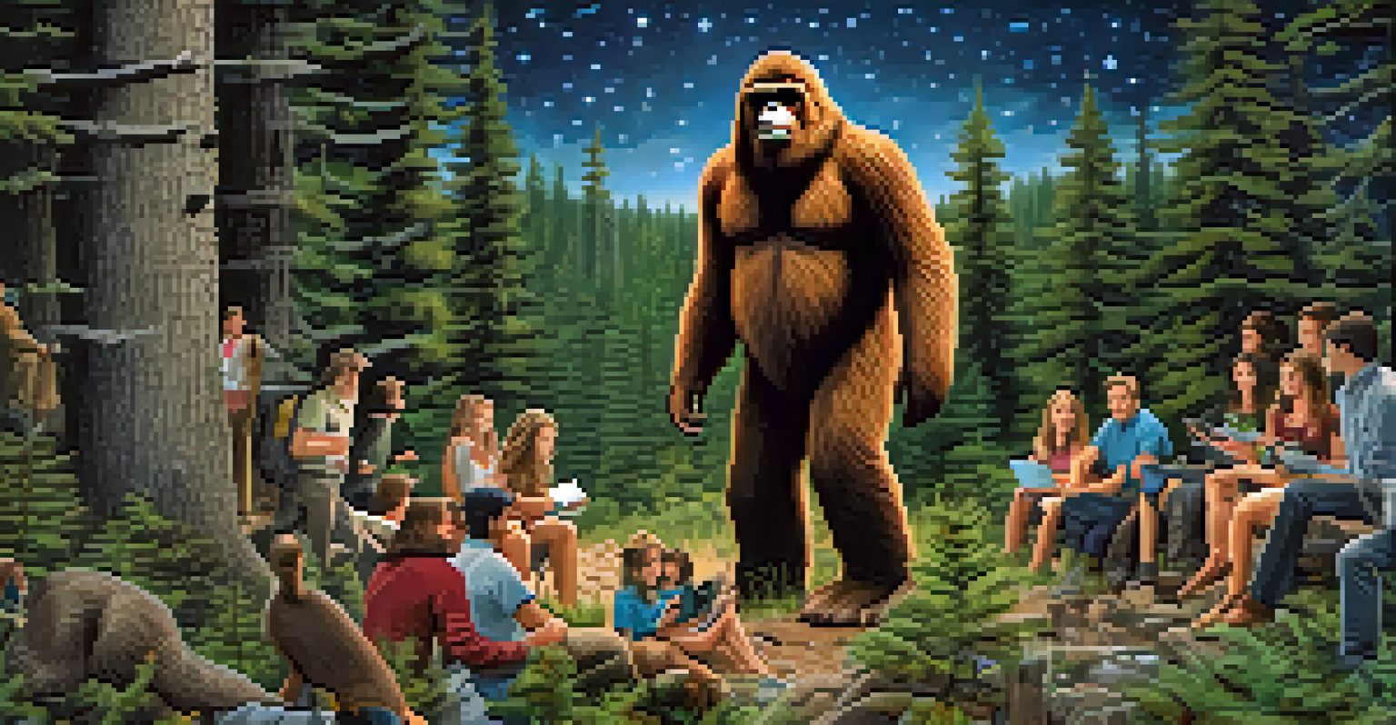 A smartphone displaying social media posts about Bigfoot sightings, with forest images in the background.