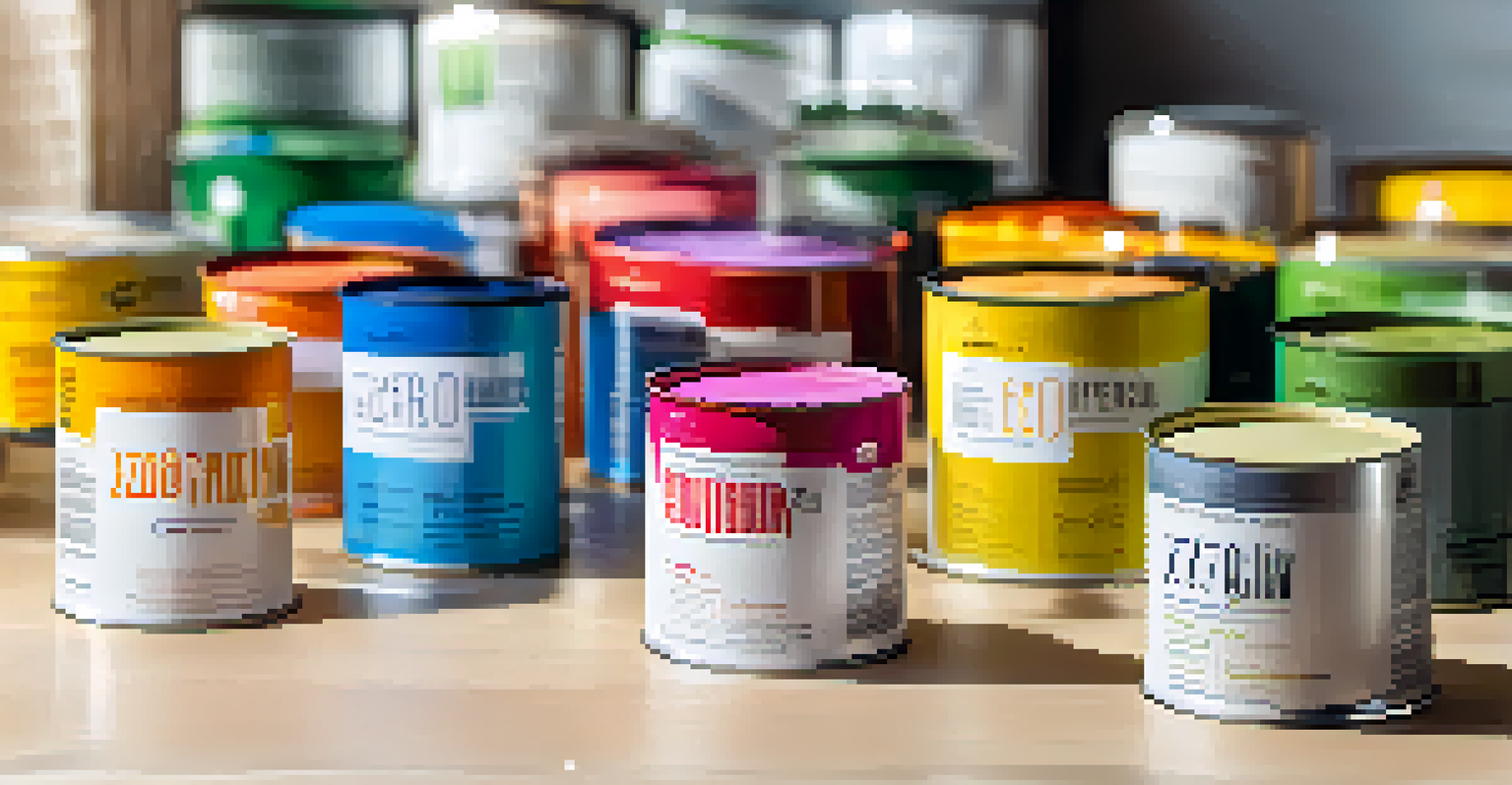 A collection of eco-friendly paint cans labeled low-VOC and zero-VOC, with brushes on a table in a bright setting.