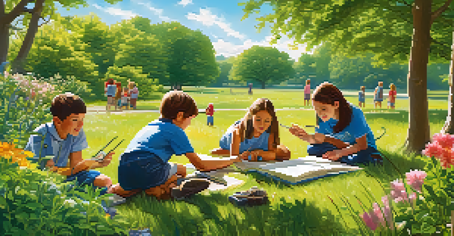 Children on a field trip in a park, exploring nature with magnifying glasses under a sunny sky.