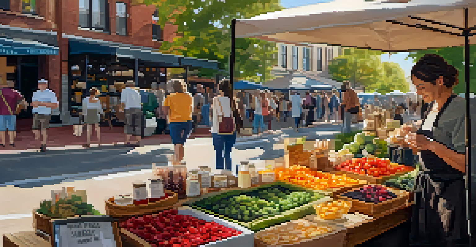 A vendor at Knox Street Farmers Market offering jam samples to a family, surrounded by flowers and artisanal products.