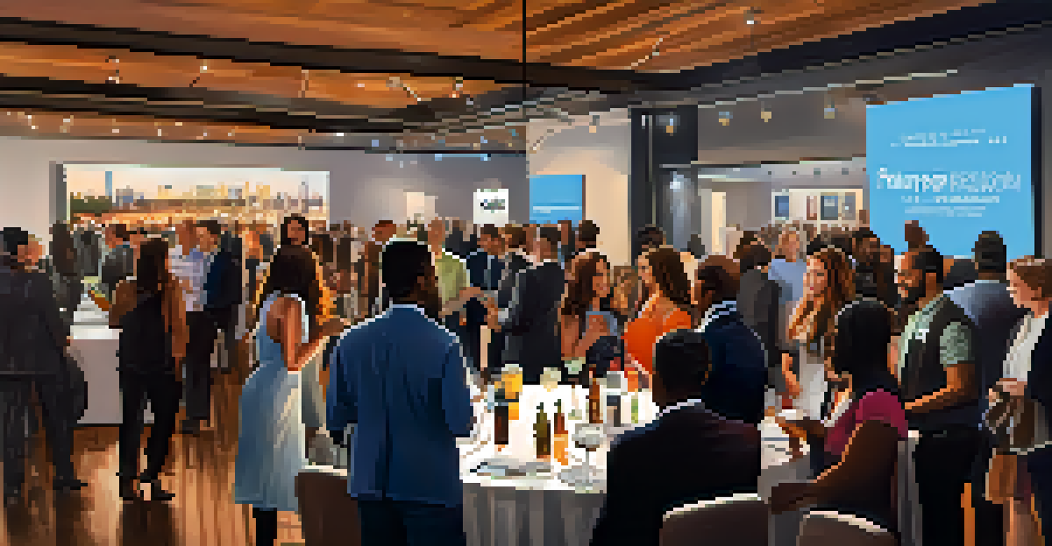 A networking event for entrepreneurs in Dallas, featuring attendees mingling and exchanging ideas in a stylish venue with warm lighting.