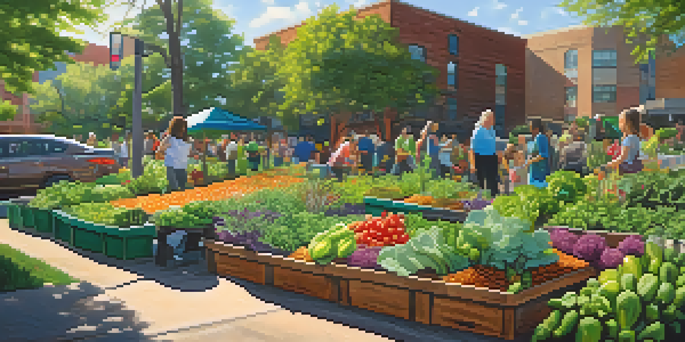 A lively urban garden in Dallas with diverse plants and engaged participants, showcasing an atmosphere of community learning about sustainability.