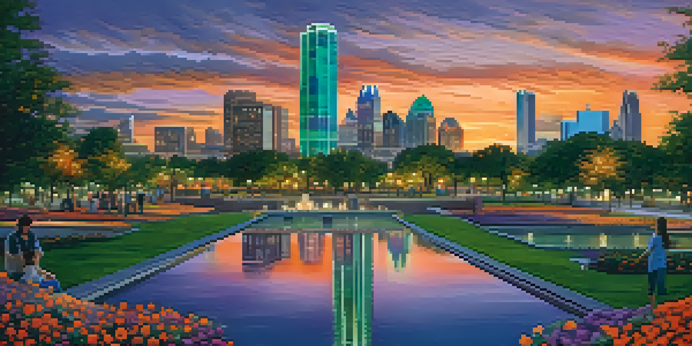 A sunset view of the Dallas skyline with modern skyscrapers and historical buildings, alongside a bustling urban park with people and blooming flowers.