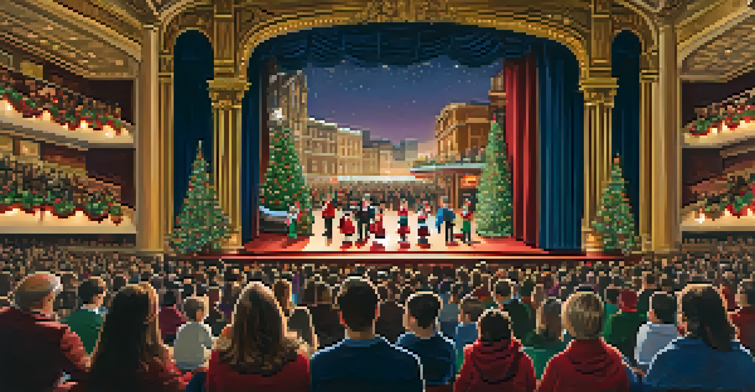 Families enjoying a holiday performance in a historic theatre, with festive decorations on stage.