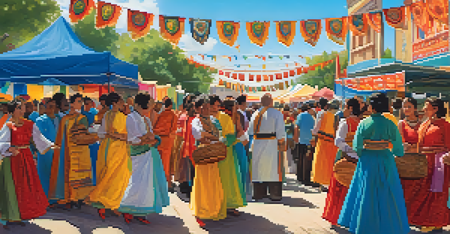 A lively cultural festival in early Dallas showcasing diverse traditions, colorful banners, food stalls, and performers in traditional clothes.