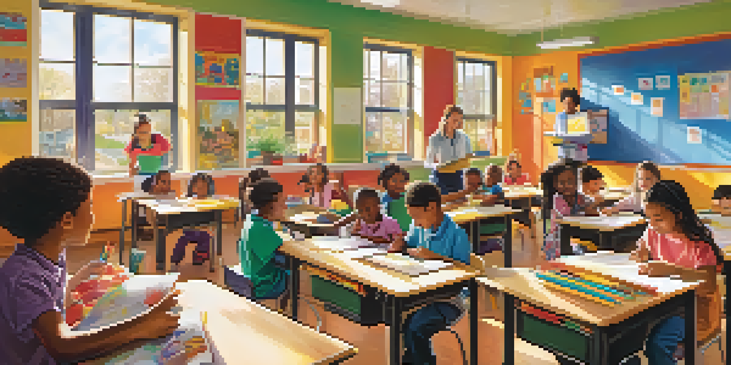 A lively classroom with children participating in after-school activities like painting and reading, illuminated by sunlight.