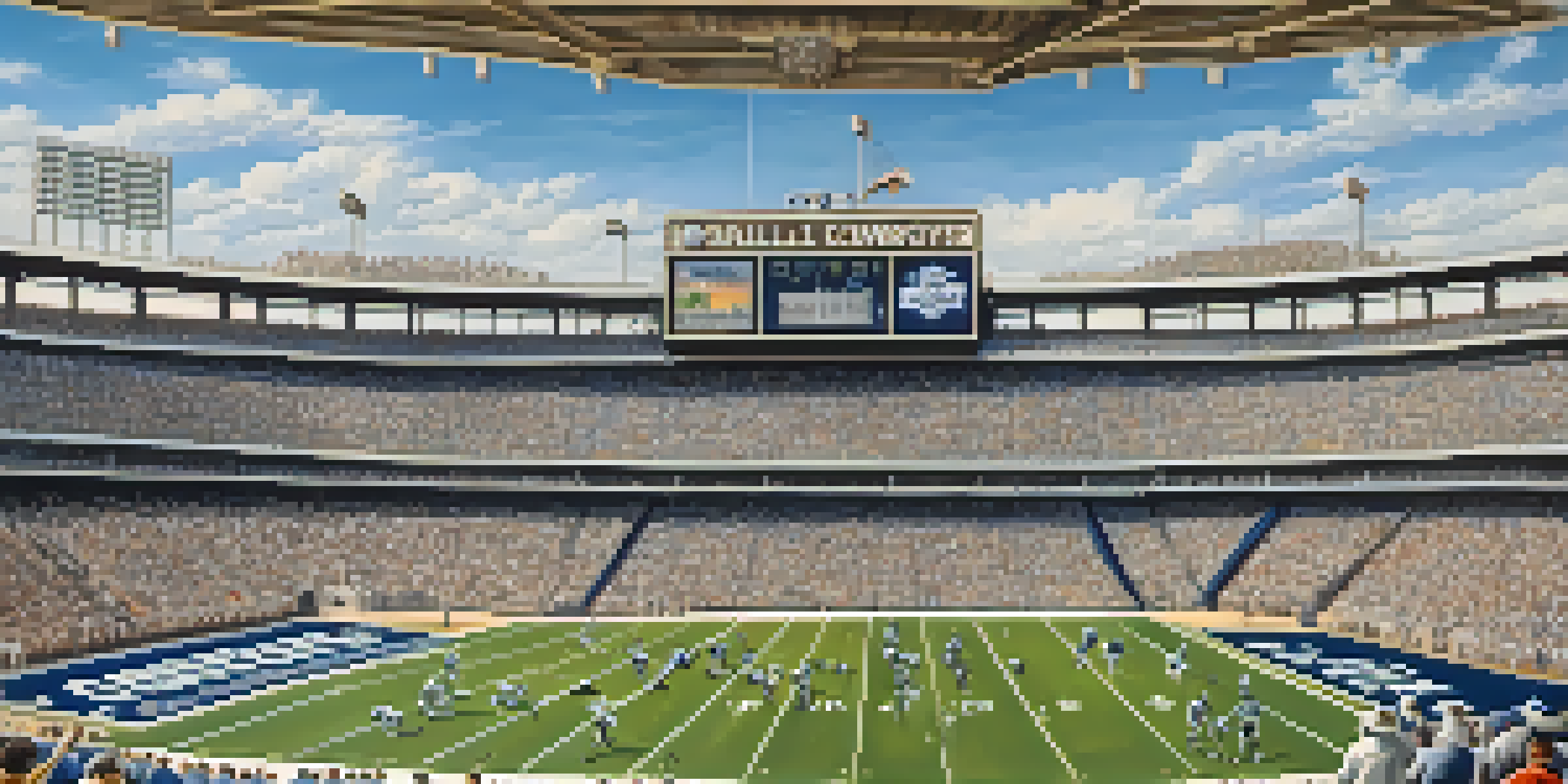 A vintage football scene showcasing the Dallas Cowboys in their early days, featuring players in blue and silver uniforms on the field and a crowd of fans in a retro stadium.