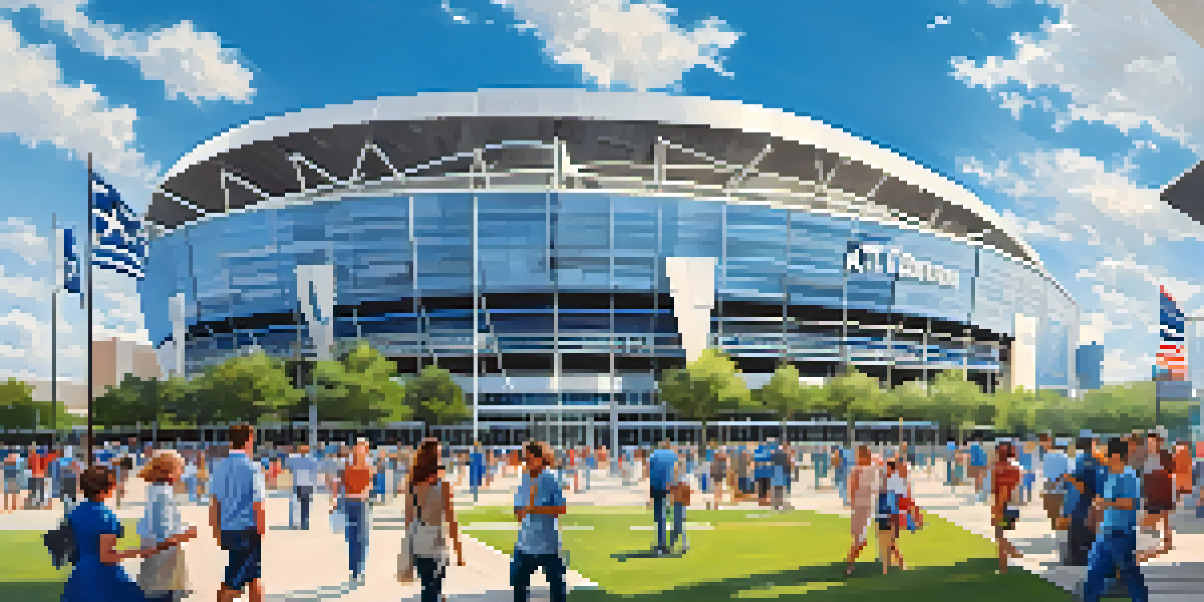 Exterior view of AT&T Stadium filled with fans in Cowboys gear on a sunny day.