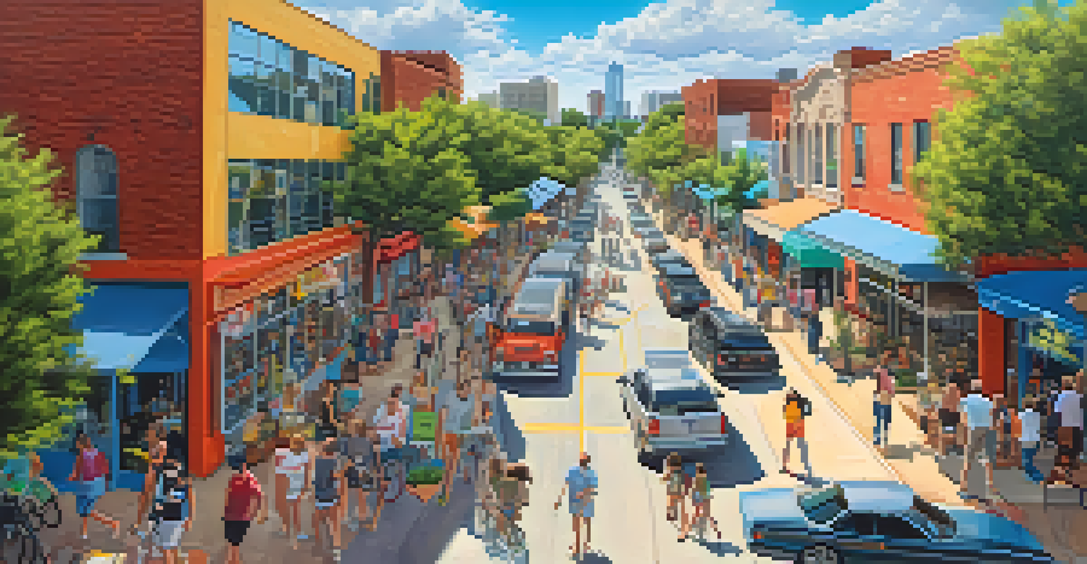 An aerial view of the Bishop Arts District in Dallas, showcasing colorful streets, local shops, and vibrant street art.