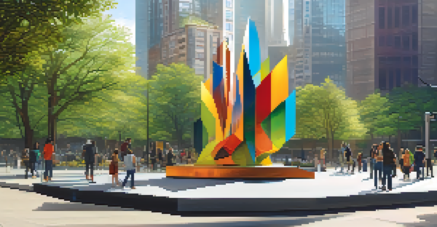 An abstract metal and glass sculpture in a city square, with people admiring it against a backdrop of skyscrapers and greenery.
