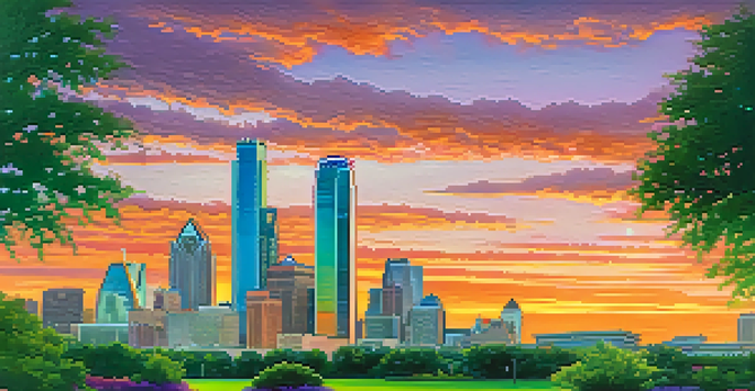 A panoramic view of the Dallas skyline at sunset with colorful skies and a park in the foreground.