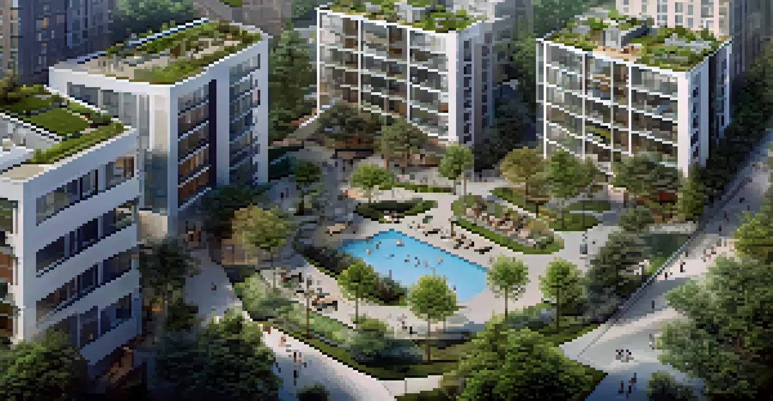 An aerial view of a modern mixed-use development with residential and commercial spaces surrounded by greenery.