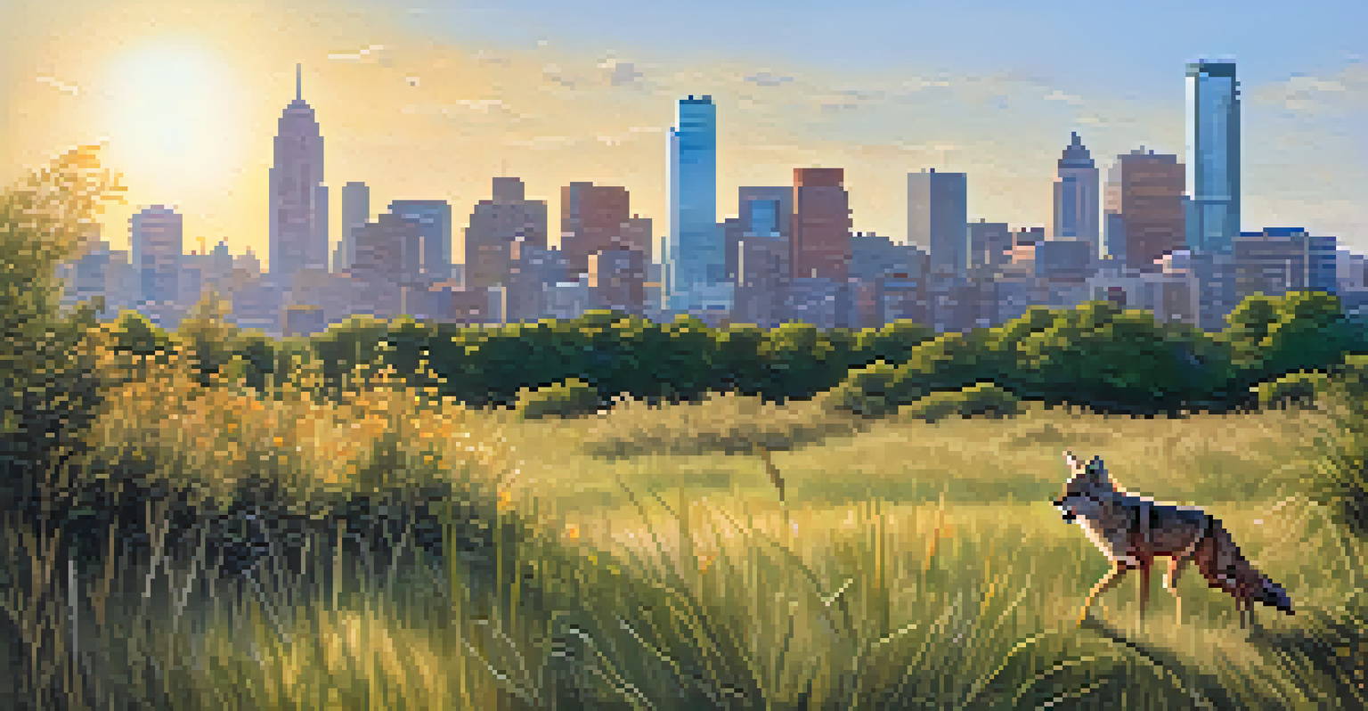 A coyote leaping in an urban park with the city skyline in the background, surrounded by green vegetation.