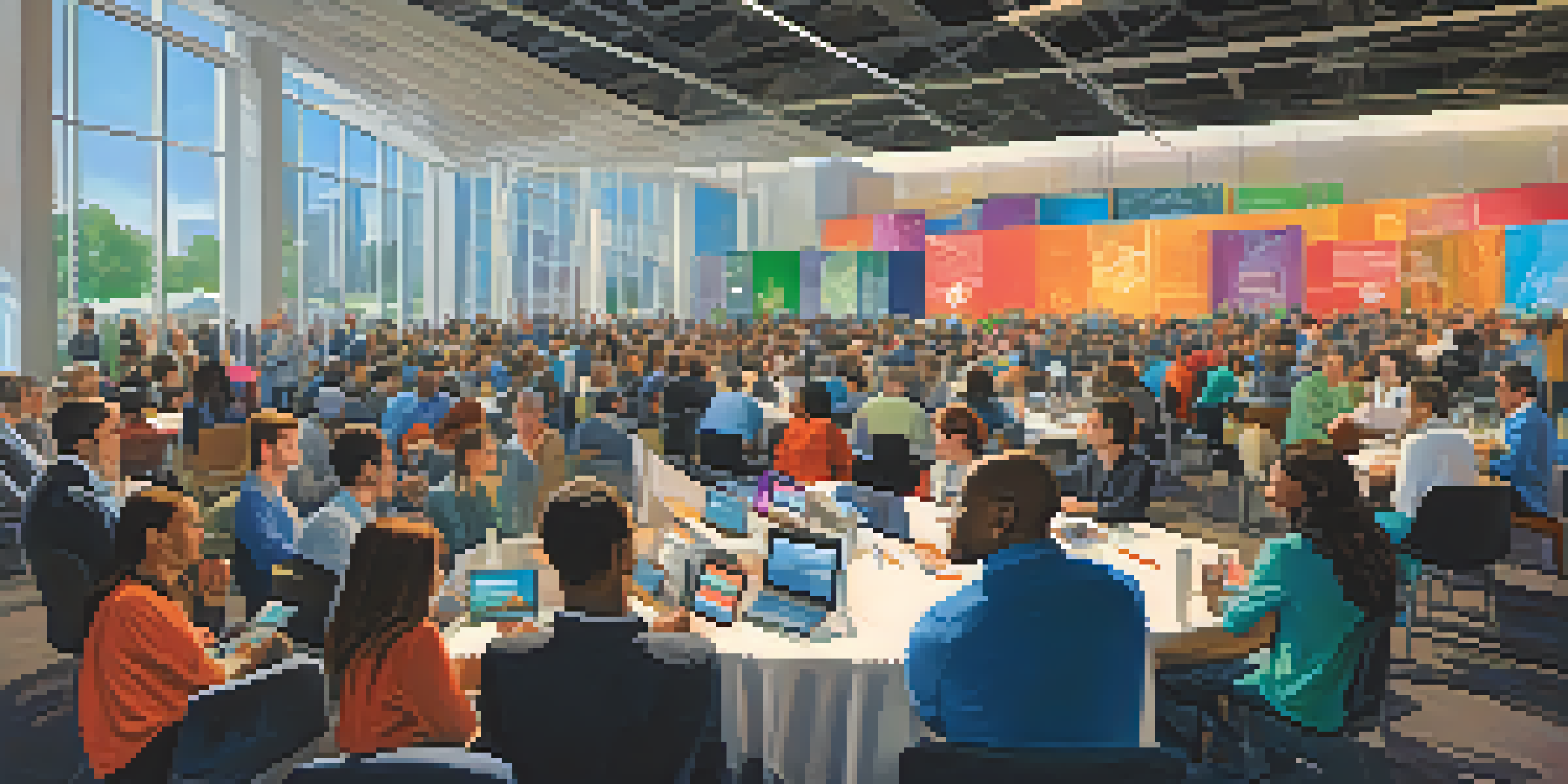 A diverse group of people at a tech conference, engaging in conversations with colorful booths in the background.