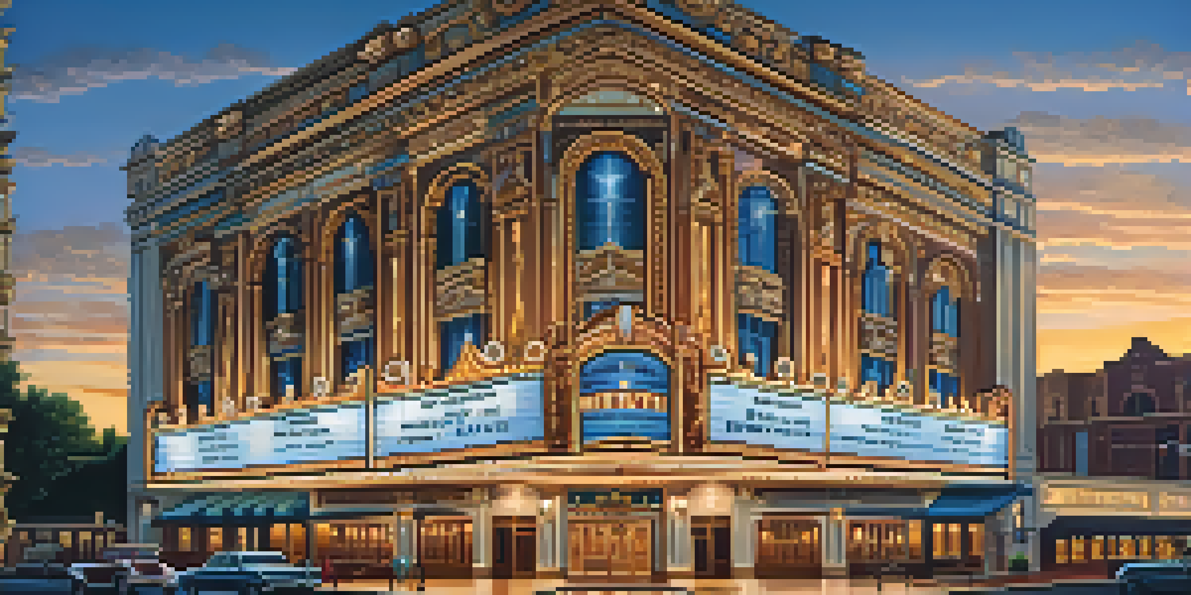 A majestic theatre building with intricate architectural details, illuminated marquee, and landscaped grounds at twilight.