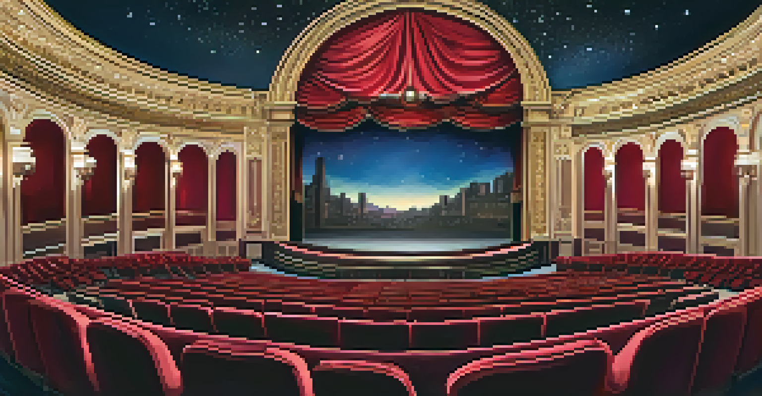 Interior view of a theater with plush seating, a grand stage, and a night sky mural on the ceiling.
