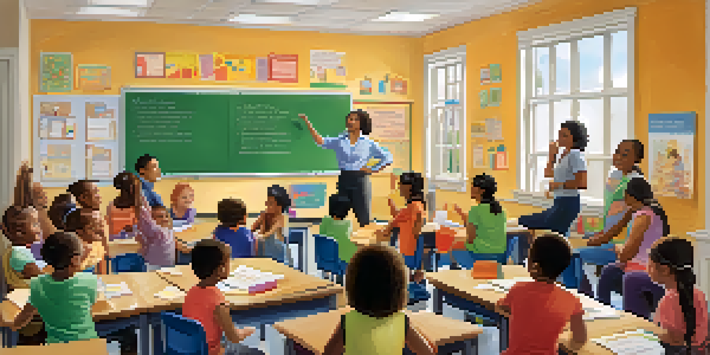 A classroom with a teacher leading a workshop for a diverse group of parents, showcasing engagement and collaboration.