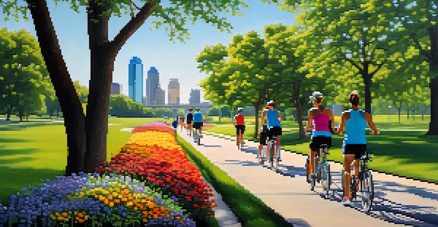 Joggers and walkers on a scenic path in the Katy Trail, surrounded by trees and flowers with a city skyline backdrop.