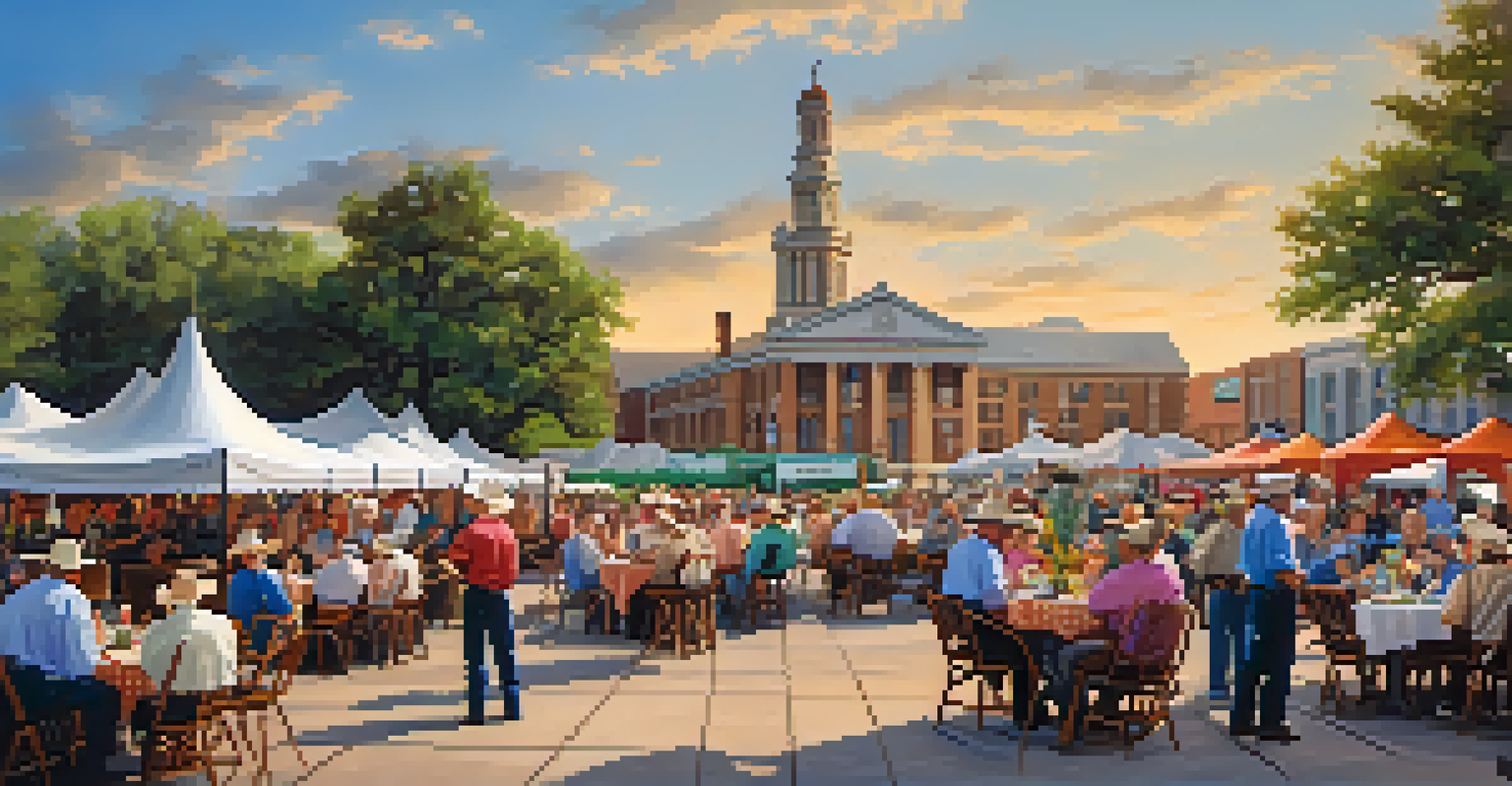 A bustling scene at Pioneer Plaza during a cowboy event, showcasing traditional cowboys, live music, and visitors enjoying food amidst beautiful sculptures.