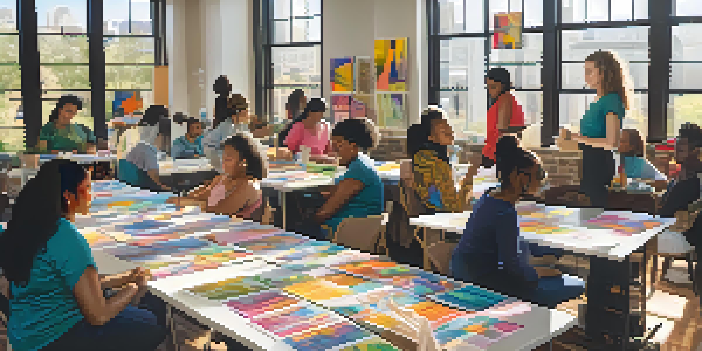 A community workshop in Dallas with diverse women and girls participating in discussions about gender equality, surrounded by colorful educational materials and natural light.