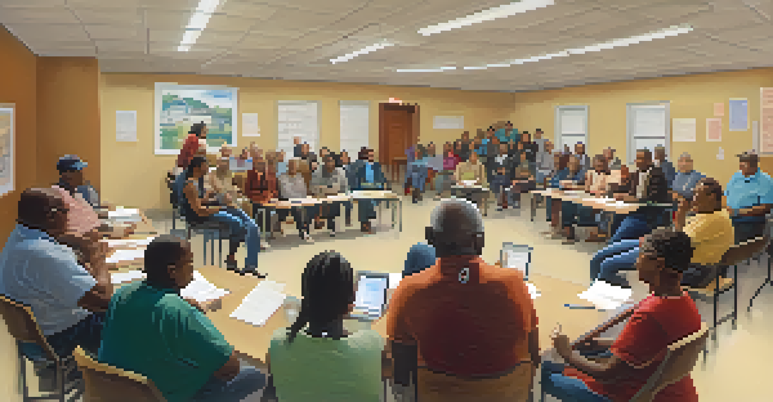 A diverse group of residents participating in a community meeting at a local center, discussing housing resources.