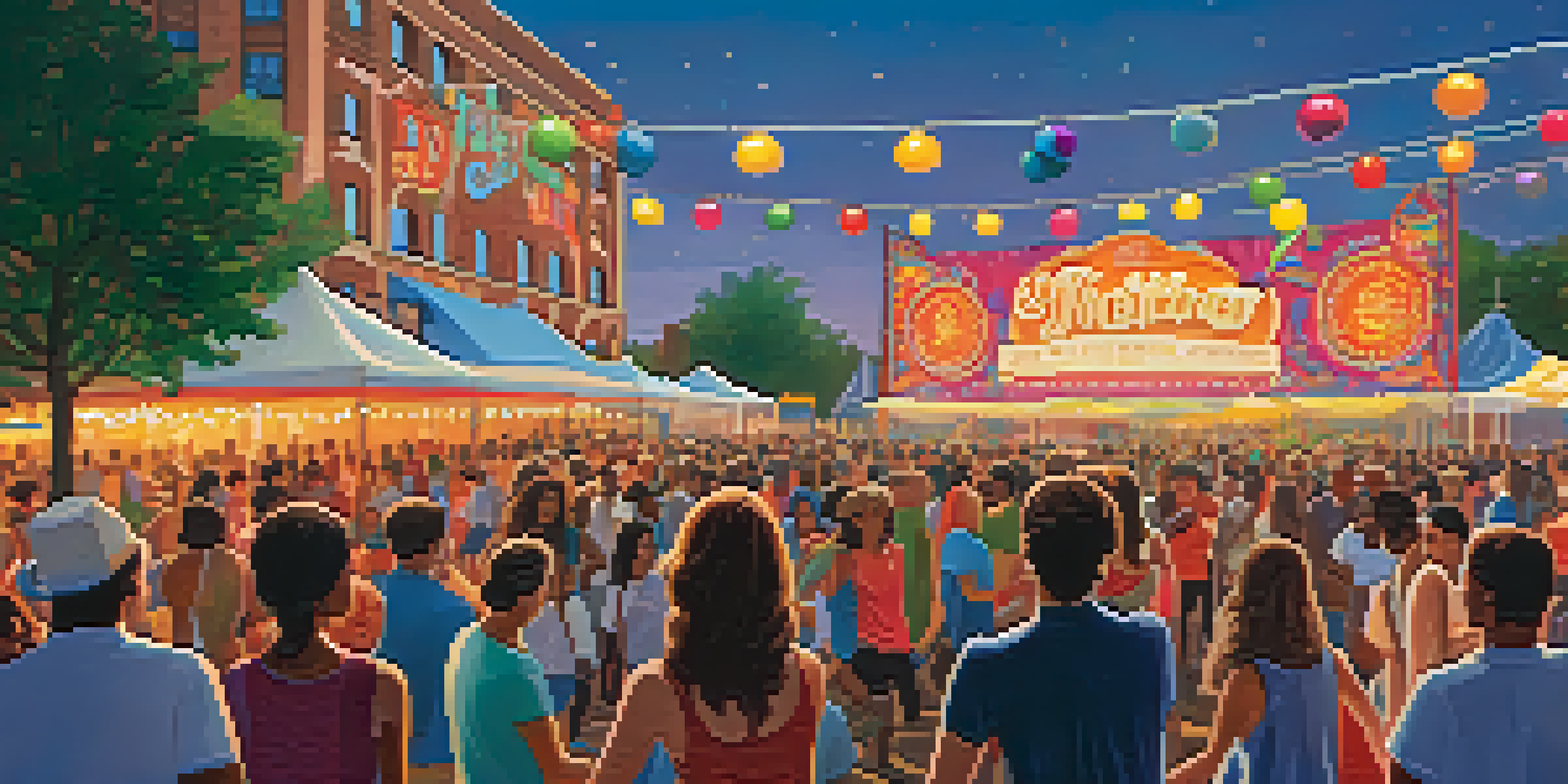A lively outdoor music festival in Dallas with a colorful crowd enjoying live music and food stalls.