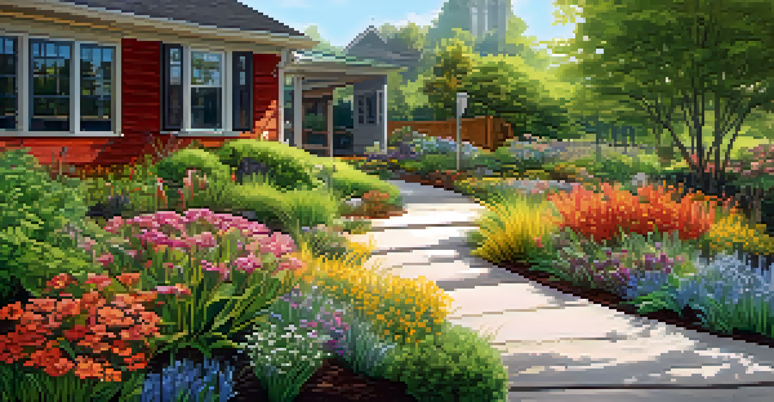 An outdoor garden featuring native plants and a rain garden on a sunny day, showcasing sustainable landscaping.