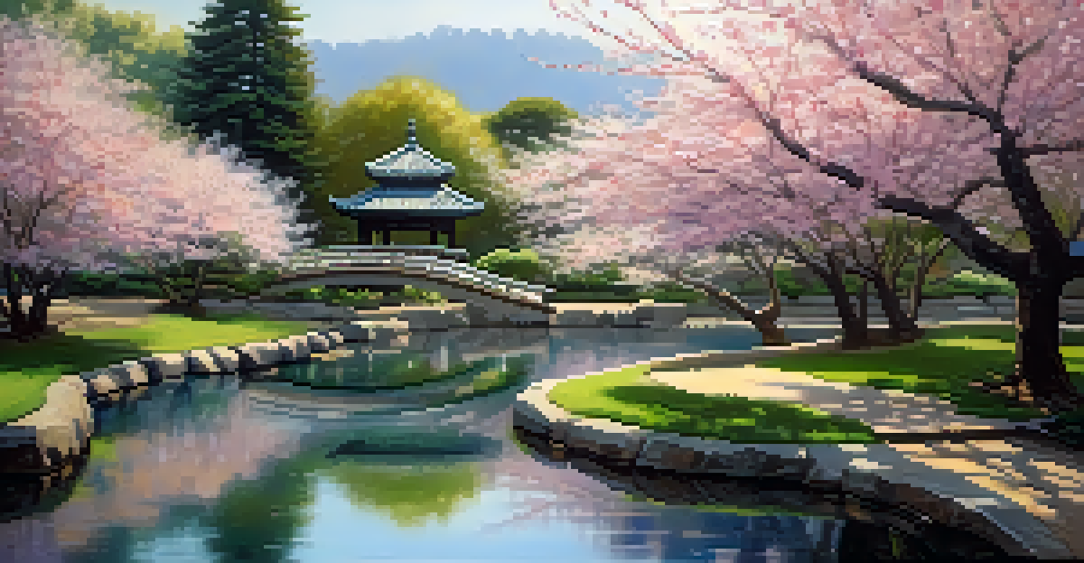 A peaceful Japanese Garden with a pond and cherry blossoms, creating a serene atmosphere at the Fort Worth Botanic Garden.