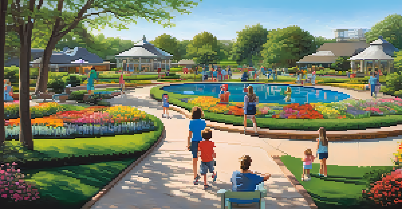 Families exploring the colorful gardens of the Dallas Arboretum, with children interacting at the Children's Adventure Garden.