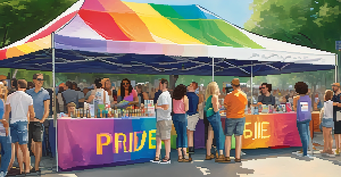 A community booth at the Dallas Pride Festival with volunteers and attendees engaging in conversation and resource sharing.